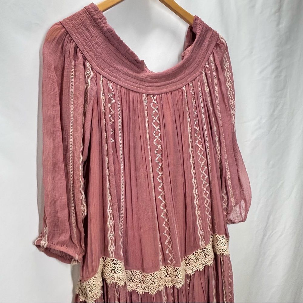 Floreat Boho Sweet Lace Peasant Embroidered Dress Dusty Rose-Peach Gauze Large - Picture 3 of 16